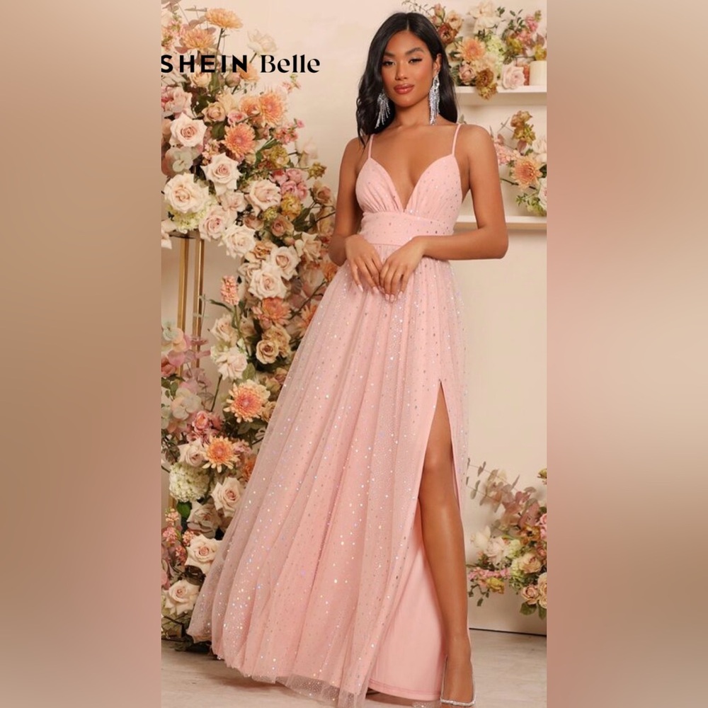 SHEIN Belle Pink Glitter Tulle Gown